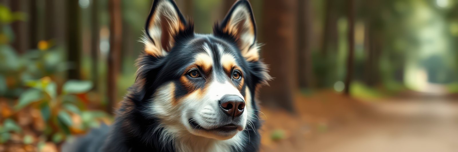 Beautiful black and tan dog stands alert on a forest path surrounded by trees